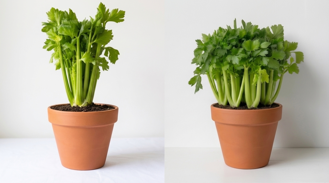 Cross-section comparison of celery roots in a shallow undersized pot versus a correctly sized 12-inch deep container showing why depth matters for root development.