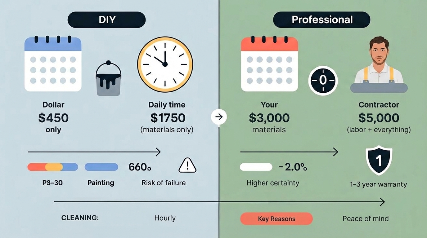 Side-by-side infographic comparing DIY metal roof painting (40–60 hours, $650–$1,750, variable results) versus hiring a professional (3–5 days, $3,000–$5,000, 1–3 year warranty). Shows time, cost, and quality trade-offs.