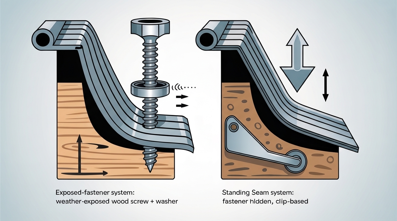 Side-by-side cross-section: exposed-fastener corrugated panel with hex-head screw and washer versus standing seam panel with hidden clip fastening system.