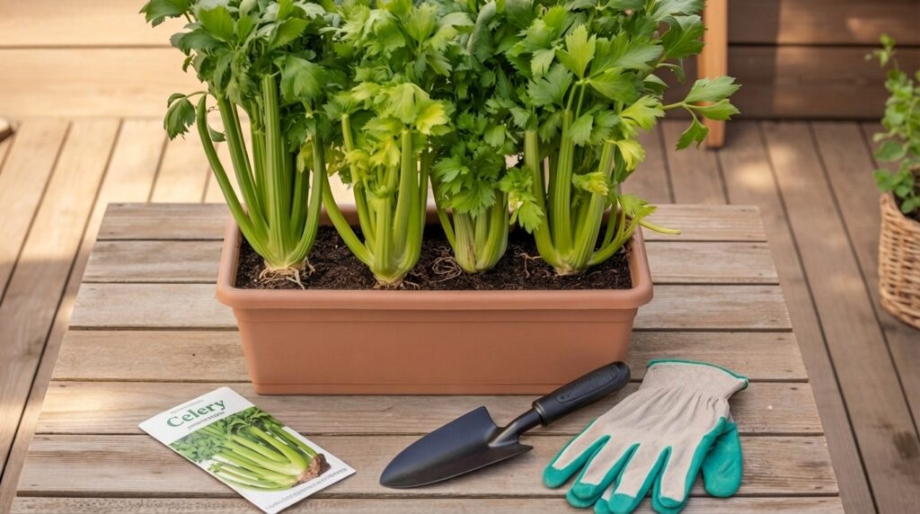 A healthy celery plant growing in a self-watering container on a wooden patio surface beside gardening tools and celery seed packet.