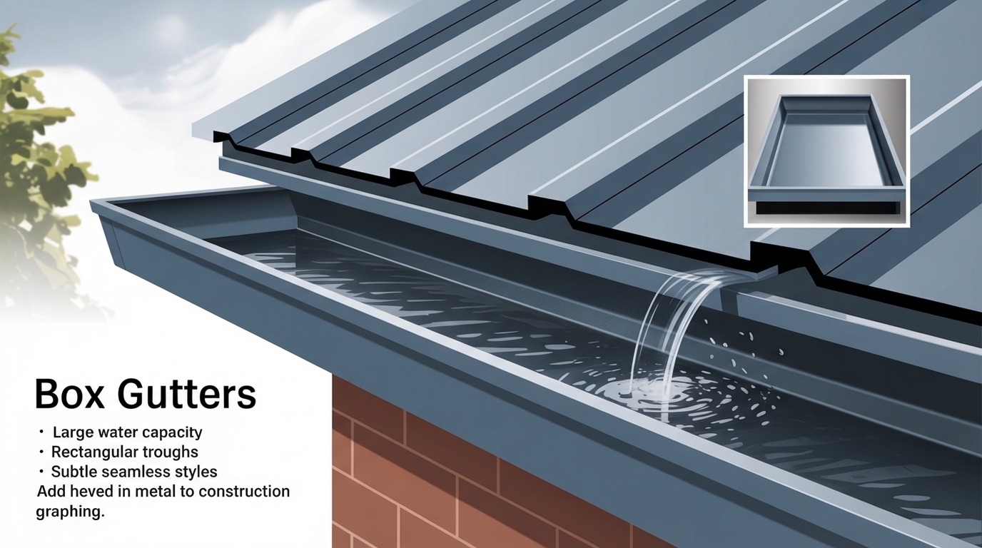 Rectangular box gutter installed along a metal roof edge showing the deep square trough used for high water capacity.