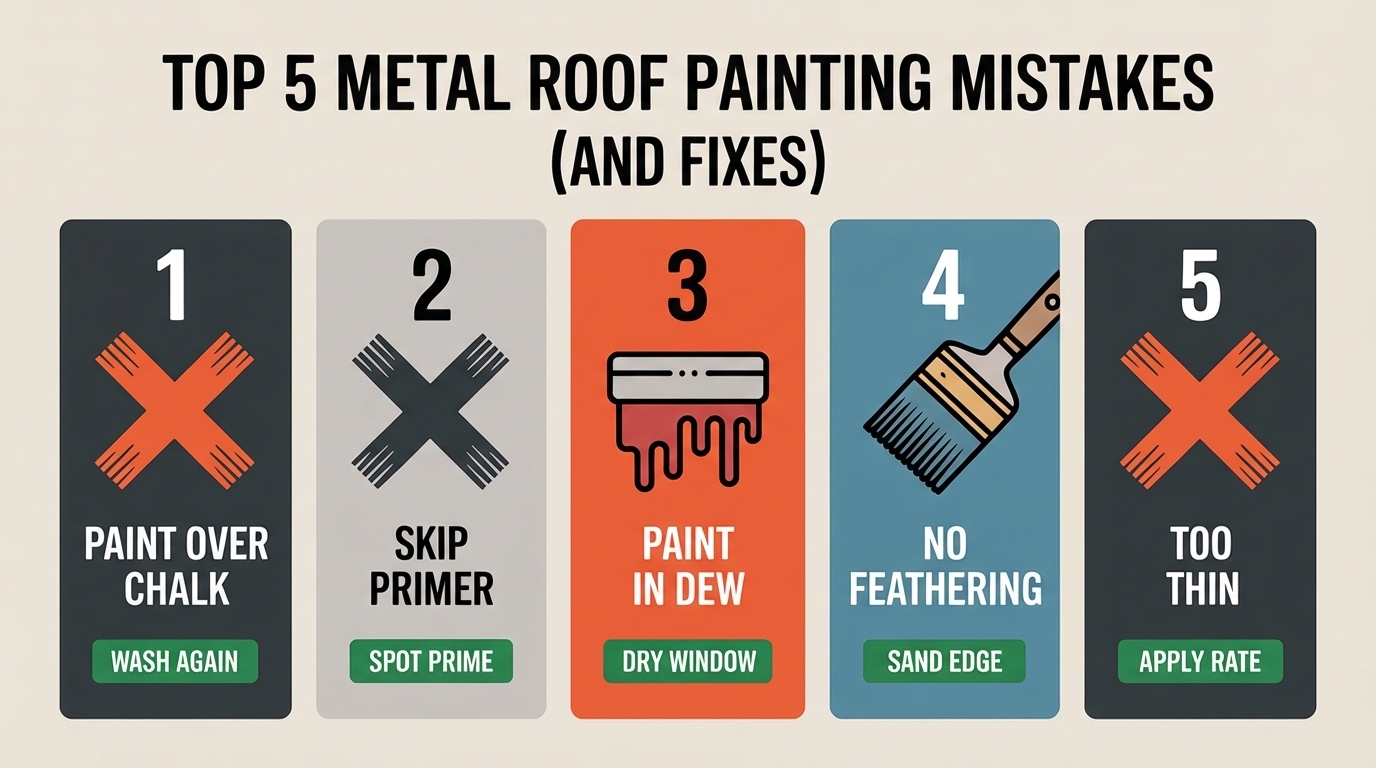 Infographic of five metal roof painting mistakes and fixes: chalk, primer, dew, no feathering, and coats applied too thin.