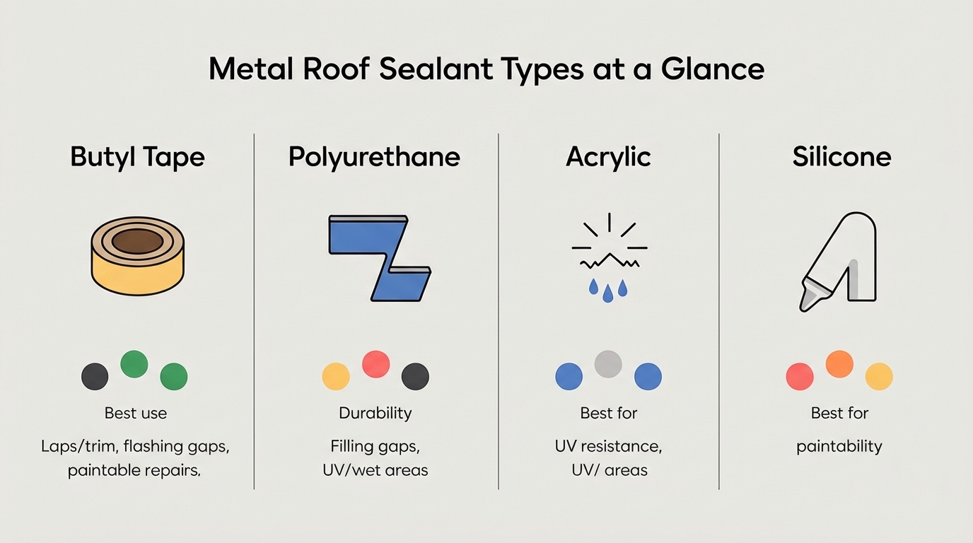 Comparison graphic of butyl tape, polyurethane, acrylic, and silicone sealants for metal roofs with best uses and key traits.