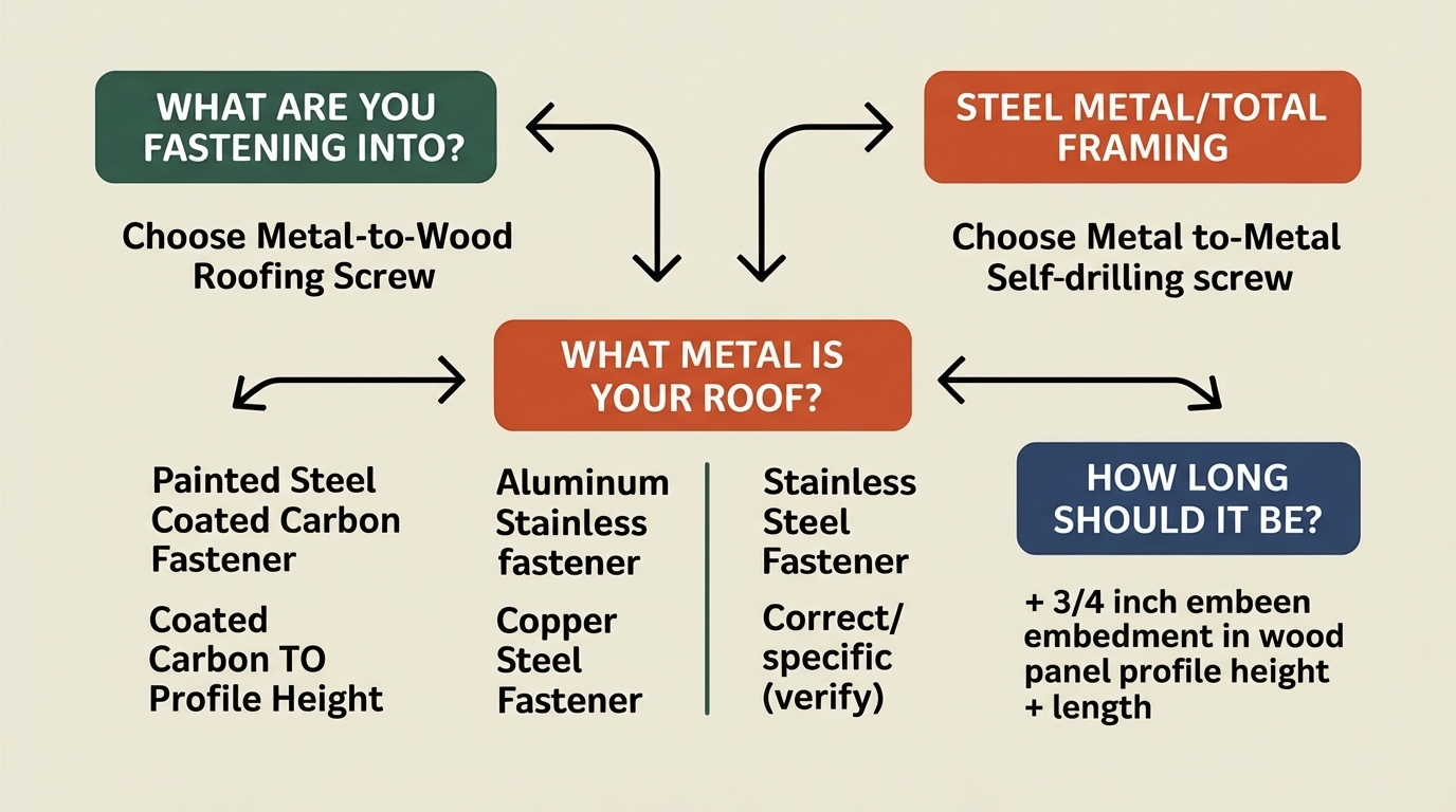 Metal roof screw selection flowchart: 3-step decision framework showing substrate type, roof metal compatibility, and correct length/embedment rule.