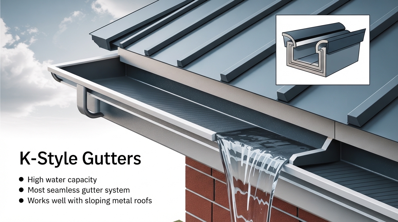 K-style gutter installed on a standing seam metal roof showing the angular decorative profile and water flowing into the gutter.