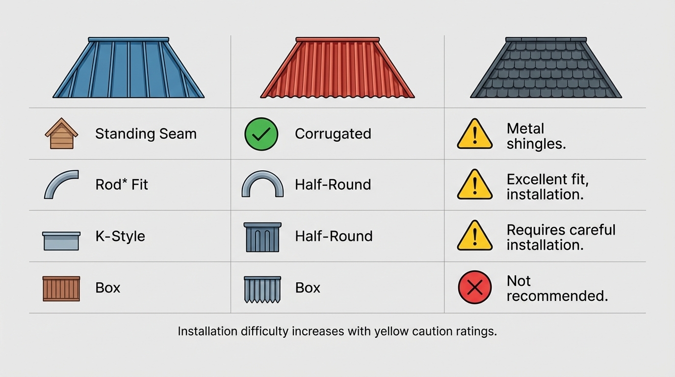 Compatibility matrix showing which gutter types (K-style, half-round, box) work best
with different metal roof profiles (standing seam, corrugated, metal shingles), with
green checkmarks for recommended pairings and warning symbols for difficult installations.