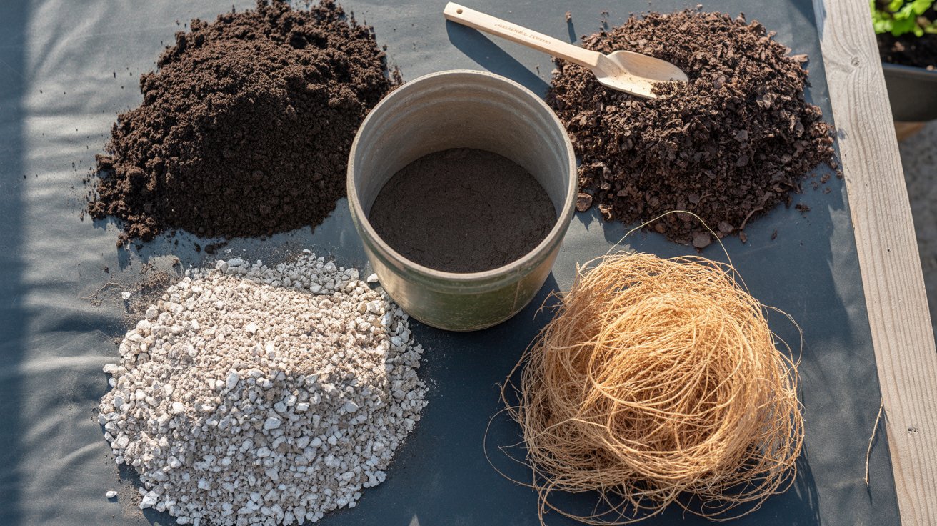 Four container celery soil ingredients arranged in piles on a potting bench including potting mix, mature compost, perlite, and coconut coir beside an empty planting container.