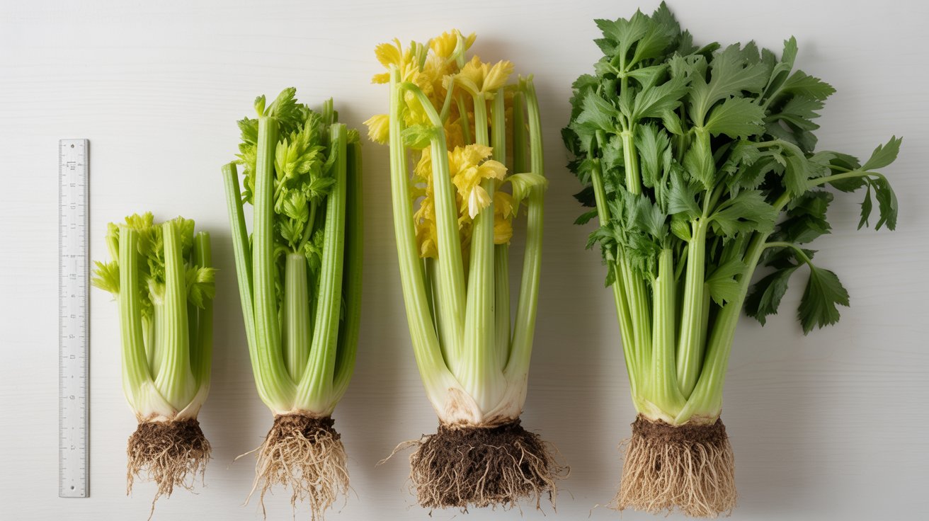 Four celery varieties laid flat in size order from compact to tall beside a ruler showing the stalk height differences between container suitable celery types.