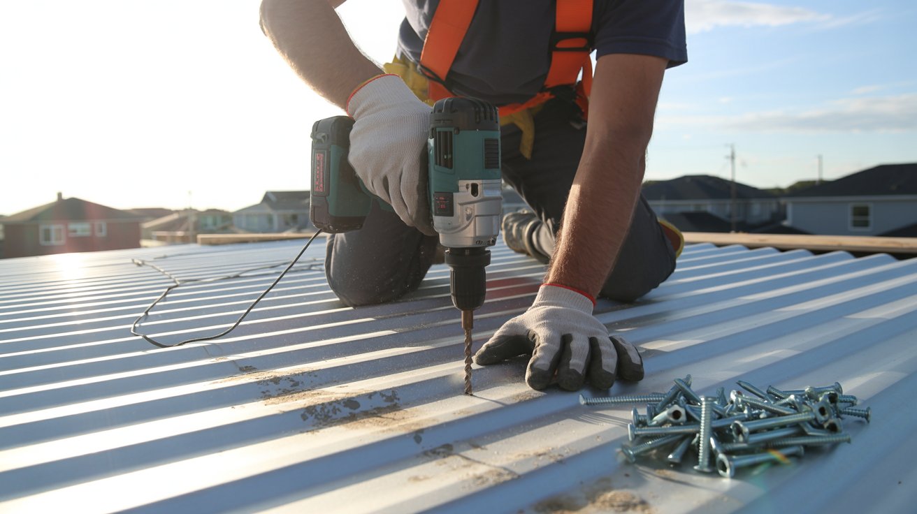 Roofing contractor installing metal roof screws during real exterior roof work.