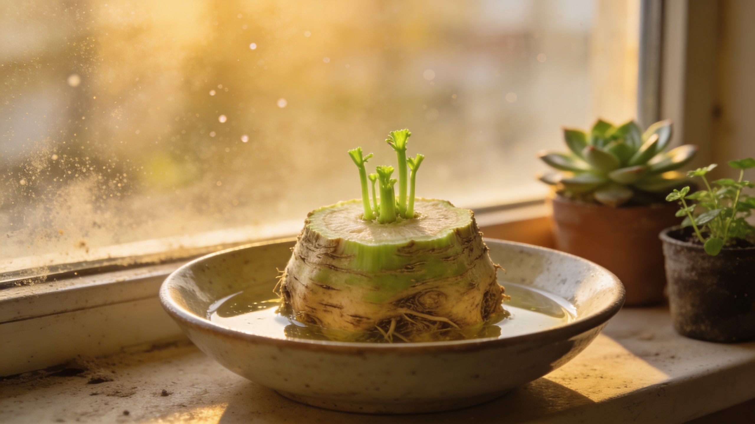 Celery root base sitting in a shallow bowl of water on a sunny kitchen windowsill with small green shoots beginning to grow.