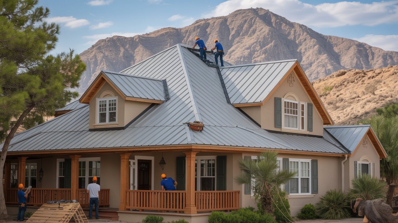 Team of professional roofers installing a metal roof, showcasing proper techniques and materials used to enhance durability, energy efficiency, and heat resistance.