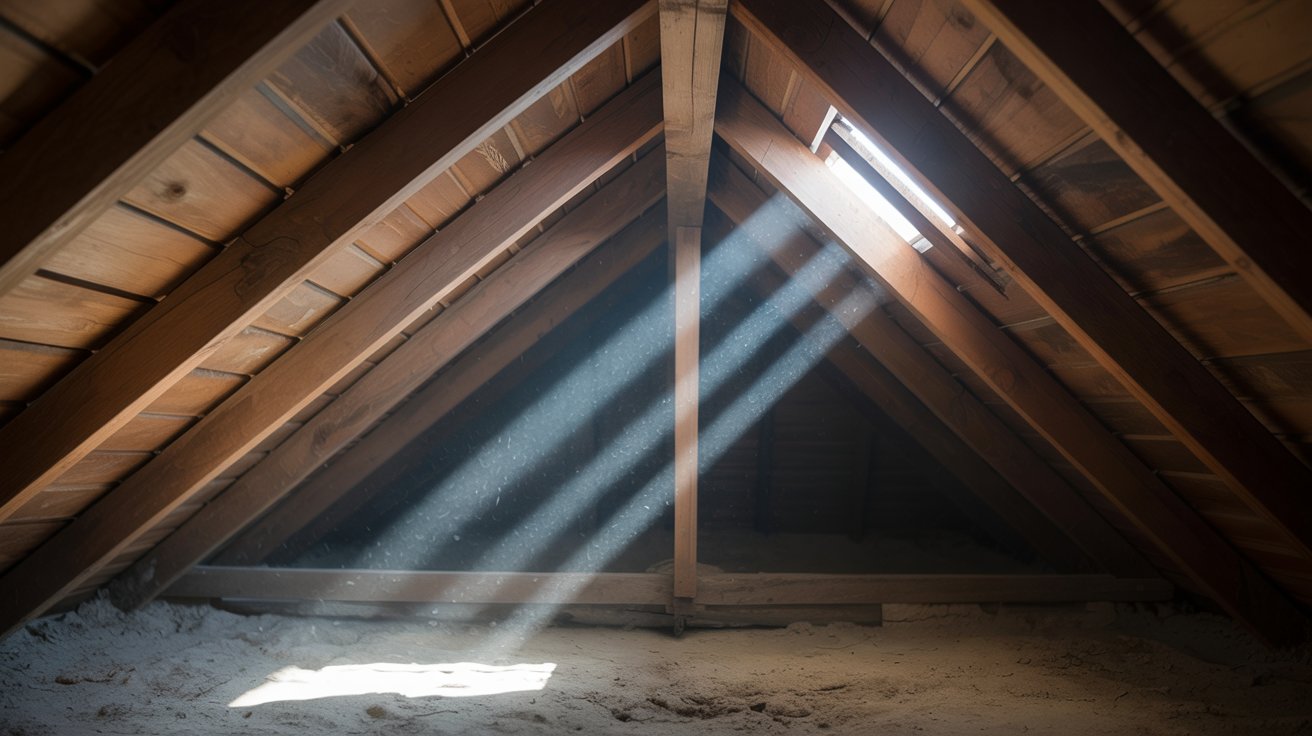 View from inside a dark attic showing beams of sunlight poking through holes in the roof deck, a sign of leaks and structural failure.