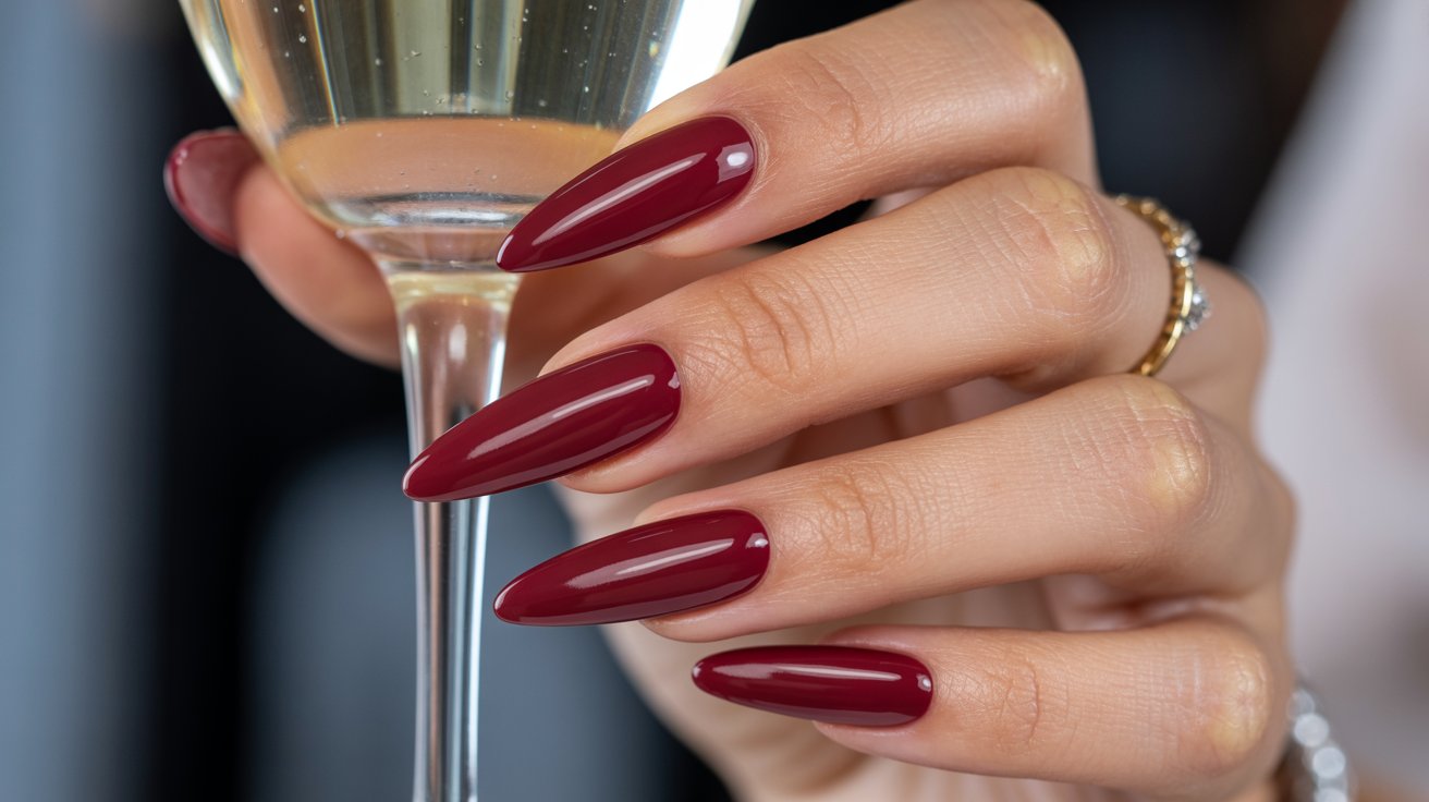 Long stiletto deep red glossy birthday nails under evening lighting.