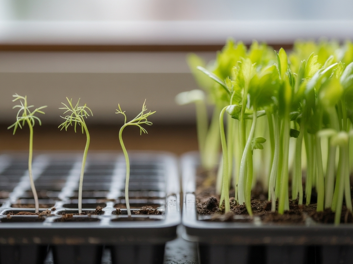 Close-up of celery seedling cell tray showing the difference between newly germinated thread-like sprouts and two-week-old seedlings with their first true celery-shaped leaves.