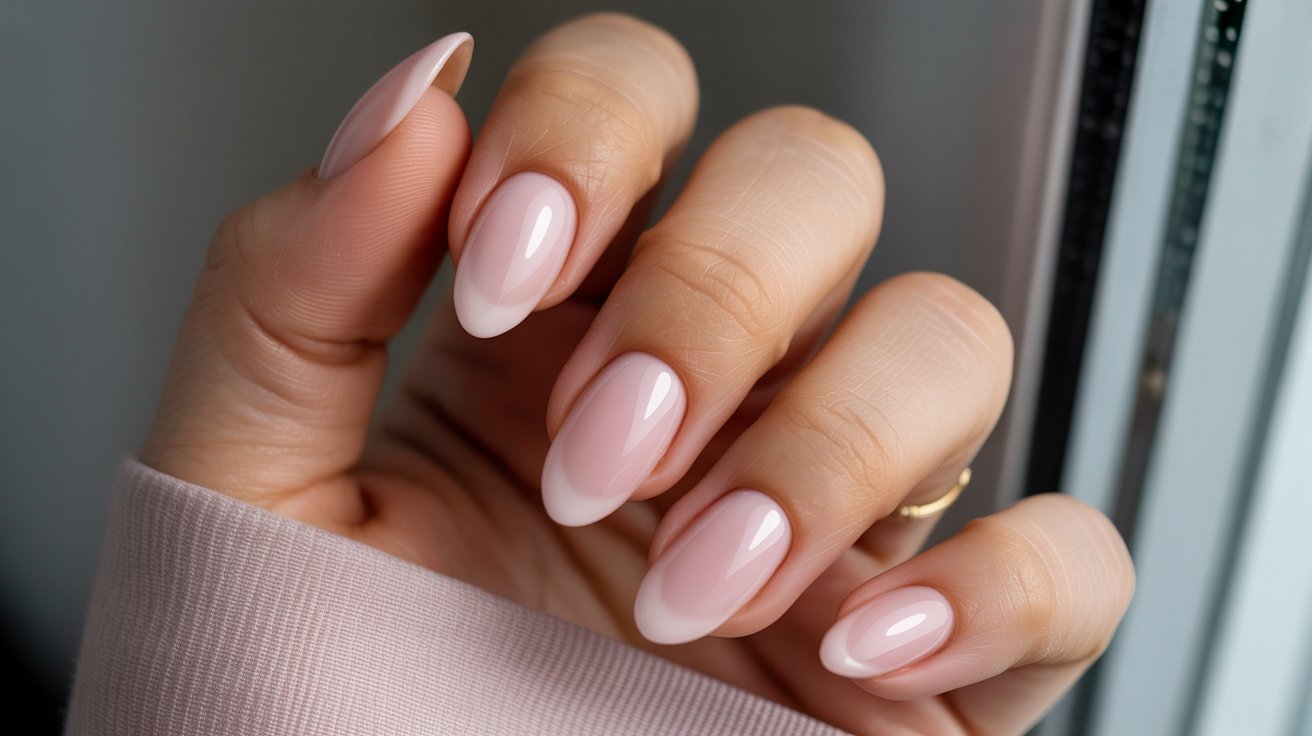 ond-shaped soft pink aura birthday nails with seamless gradient.
