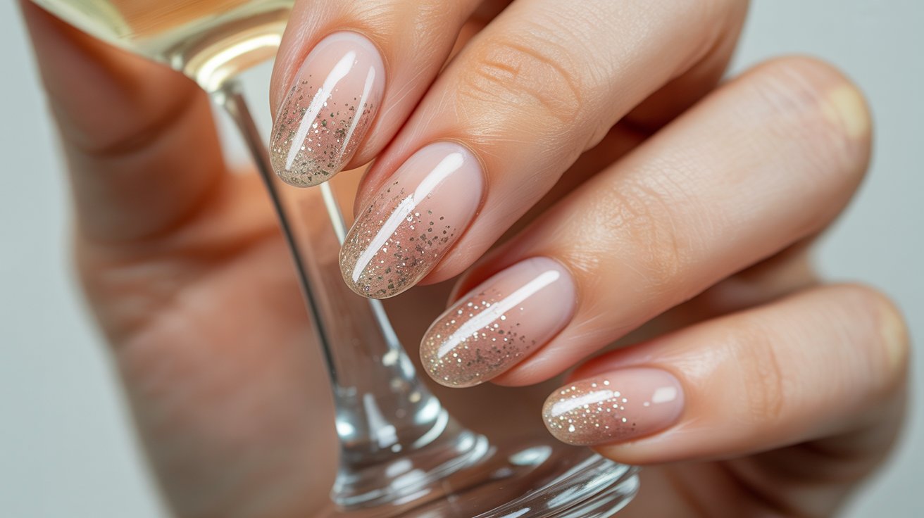 Almond-shaped blush birthday nails with fine champagne glitter French tip fade.