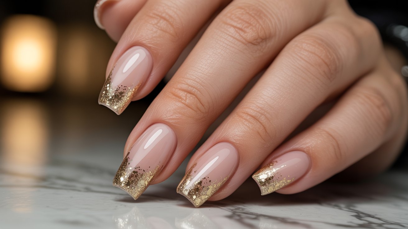 Coffin-shaped nude birthday nails with subtle gold glitter fade.