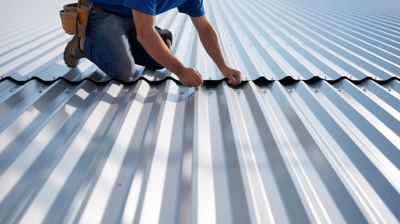 Close-up of a roofer installing corrugated metal roofing with screws fastened on the raised rib tops for leak prevention.