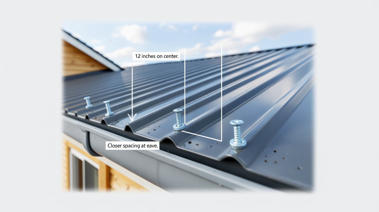 Real metal roof with visual overlay showing proper screw spacing pattern.