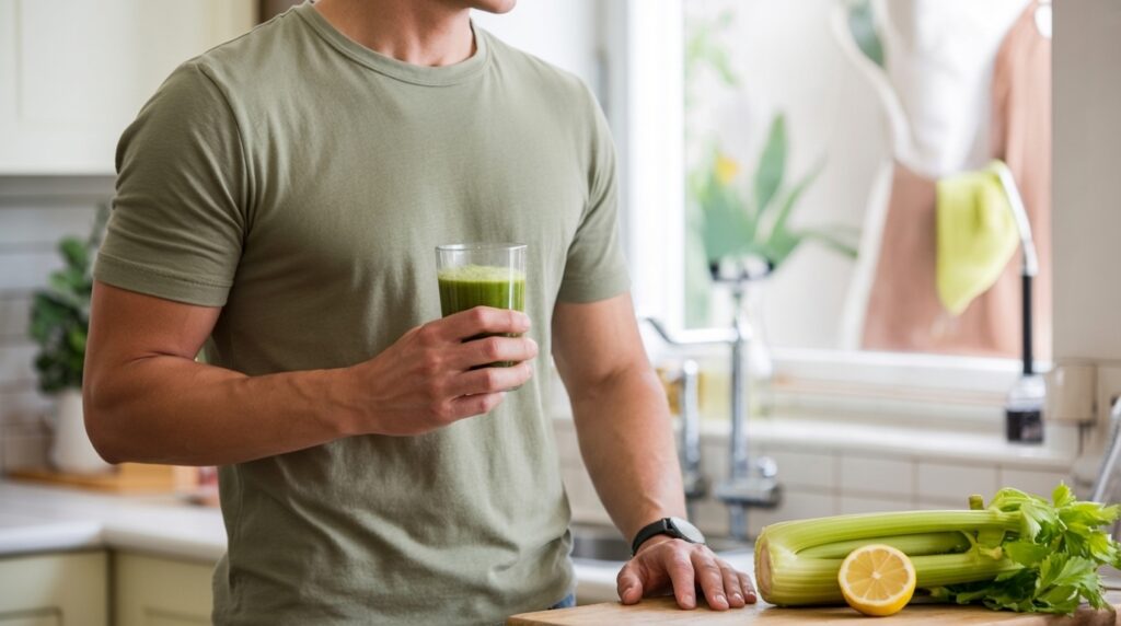 A man holding a green celery smoothie in a bright kitchen representing celery as part of a daily nutrition routine that supports energy and vitality in men.