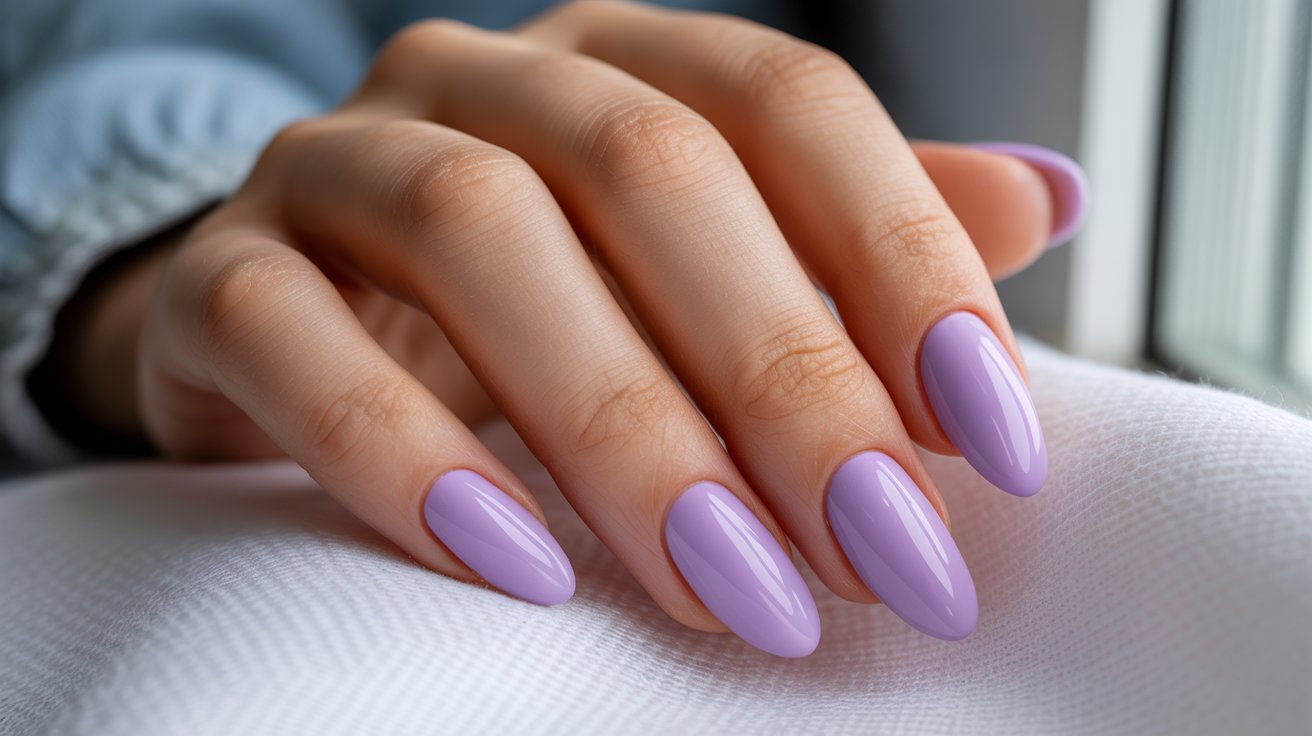 Lavender pastel birthday nails photographed in soft daylight.