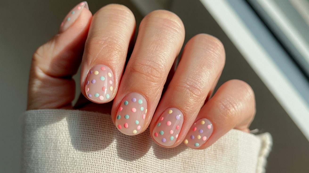Short nude birthday nails with hand-dotted pastel confetti design in natural daylight.