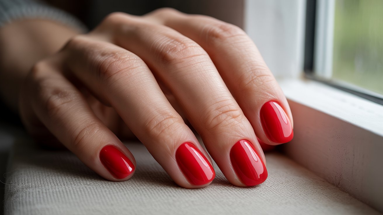 Short rounded glossy red birthday nails photographed in natural daylight.