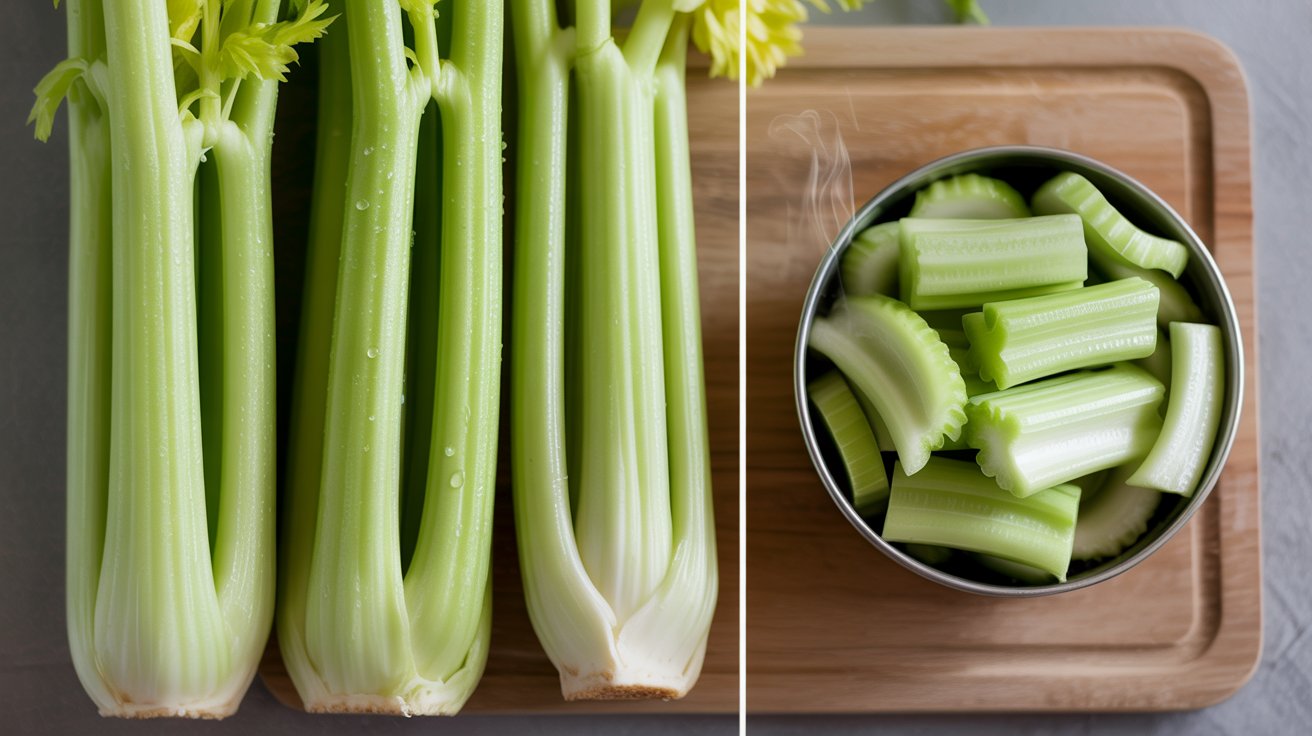 Side by side comparison of raw celery ribs and lightly steamed celery slices on a wooden board showing the difference in preparation methods for nutrient retention.