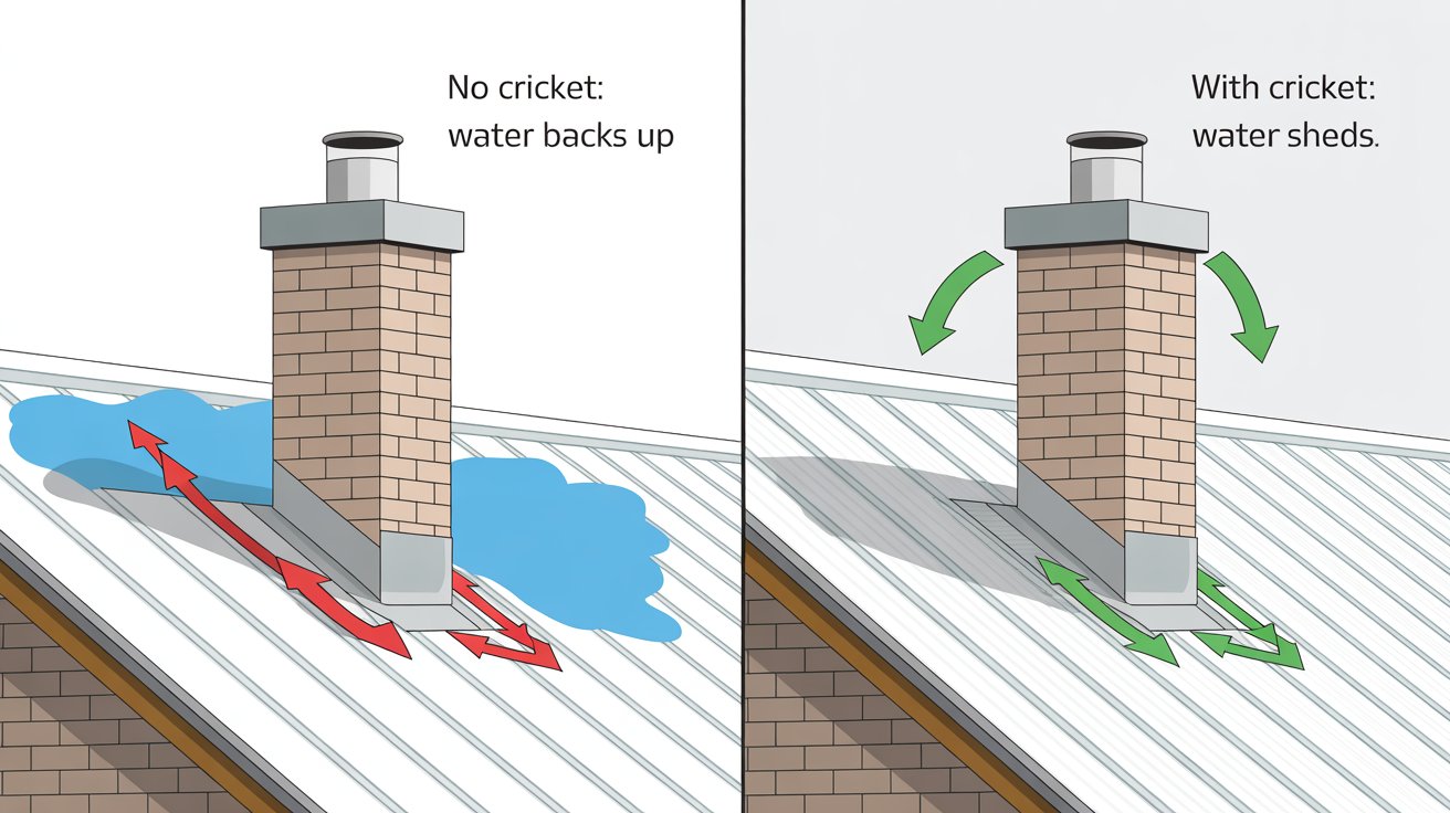 Comparison showing chimney on metal roof with and without a cricket and how water flow changes