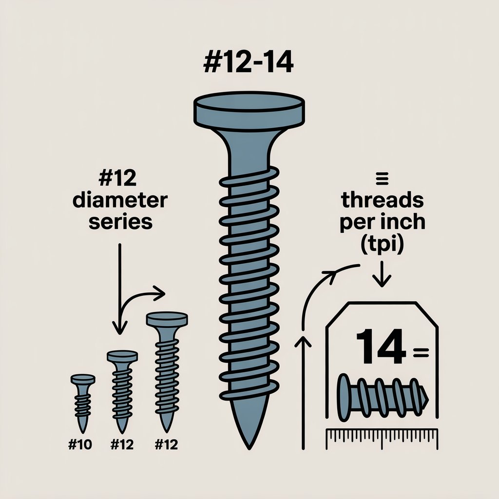 Metal roofing screw label guide: #12 diameter series comparison and 14 threads per inch (TPI) thread pitch visual explanation.