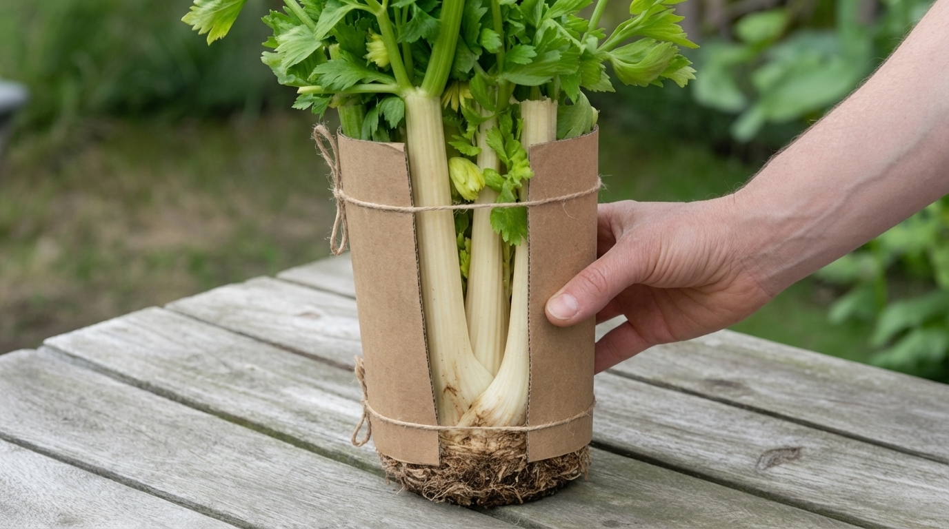 A celery plant in a container with a cardboard blanching sleeve wrapped around the stalks and one side lifted to reveal the pale cream-colored stalks developing underneath while green leaves continue to grow above.