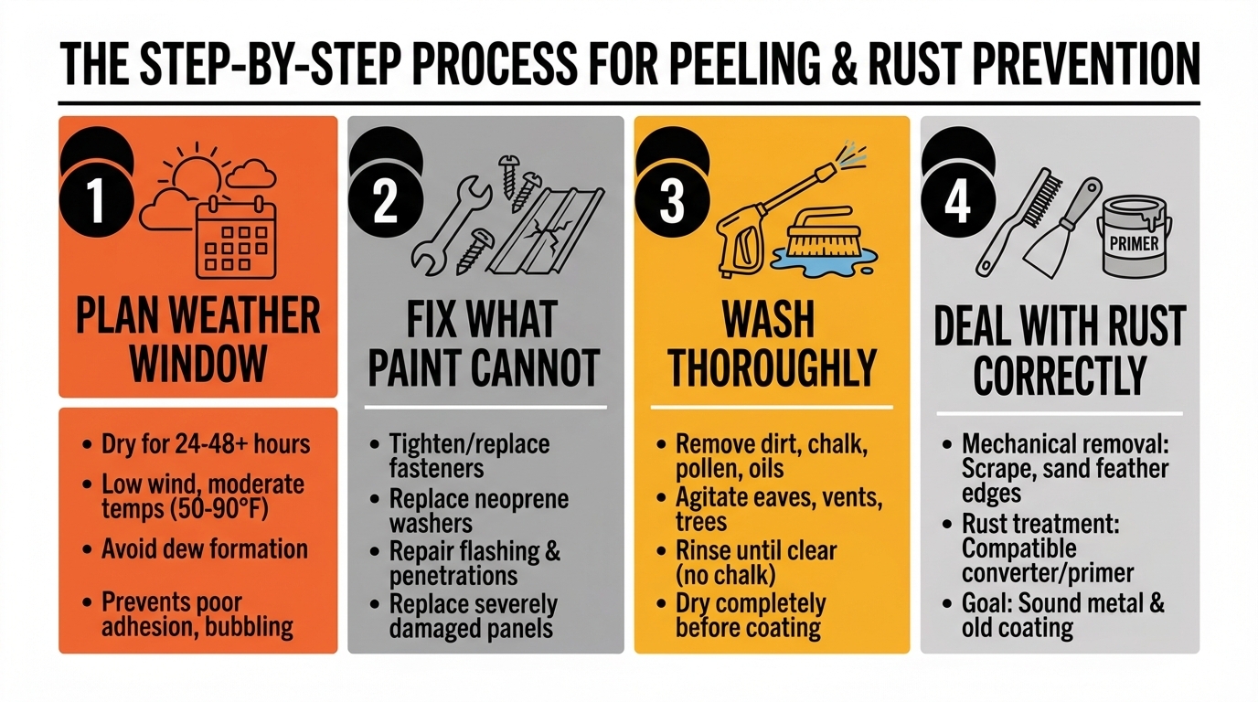 8-step infographic for painting a metal roof: inspect and repair, weather window, wash, remove rust, scuff sand, prime, coat one, coat two and cure.