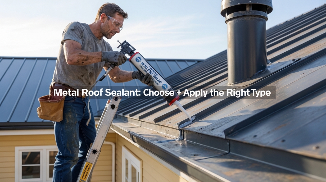 DIY homeowner applying sealant to a metal roof flashing seam near a vent pipe boot with safety gear on.