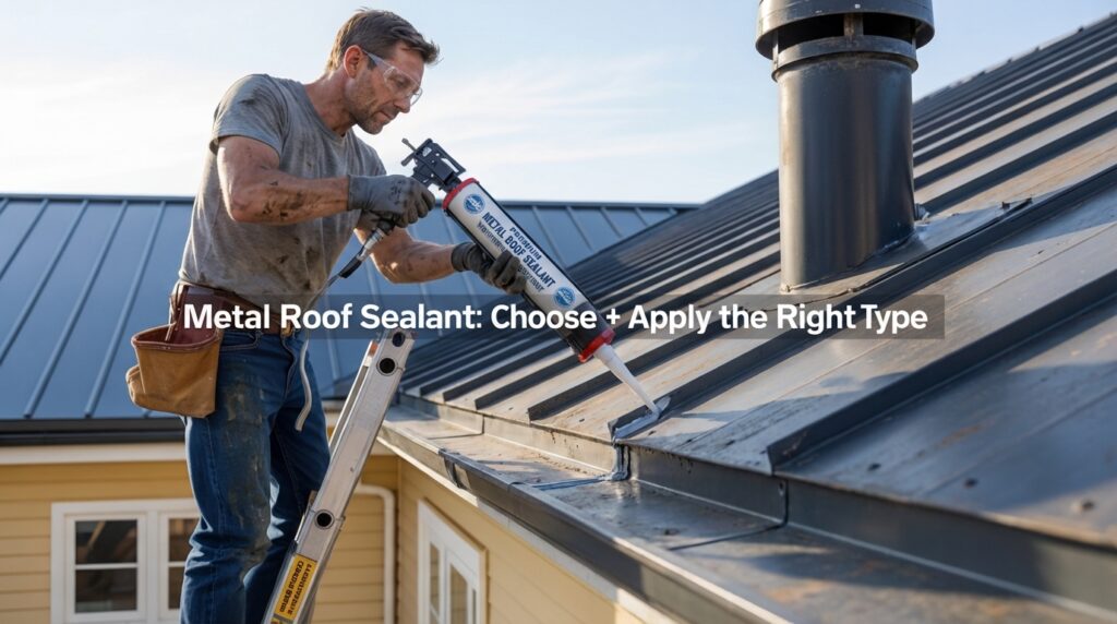 DIY homeowner applying sealant to a metal roof flashing seam near a vent pipe boot with safety gear on.