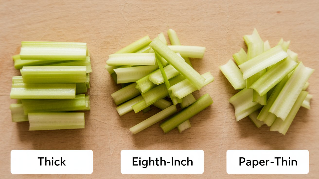 Three piles of crosswise celery slices on a wooden board showing quarter-inch, eighth-inch, and paper-thin thickness variations side by side.