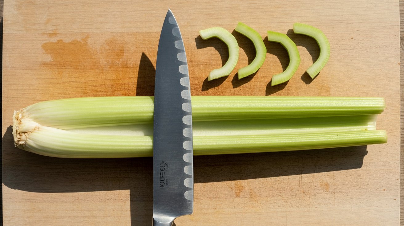 Chef's knife cutting straight across a celery rib at a 90-degree angle on a wooden board showing the basic crosswise slice technique.