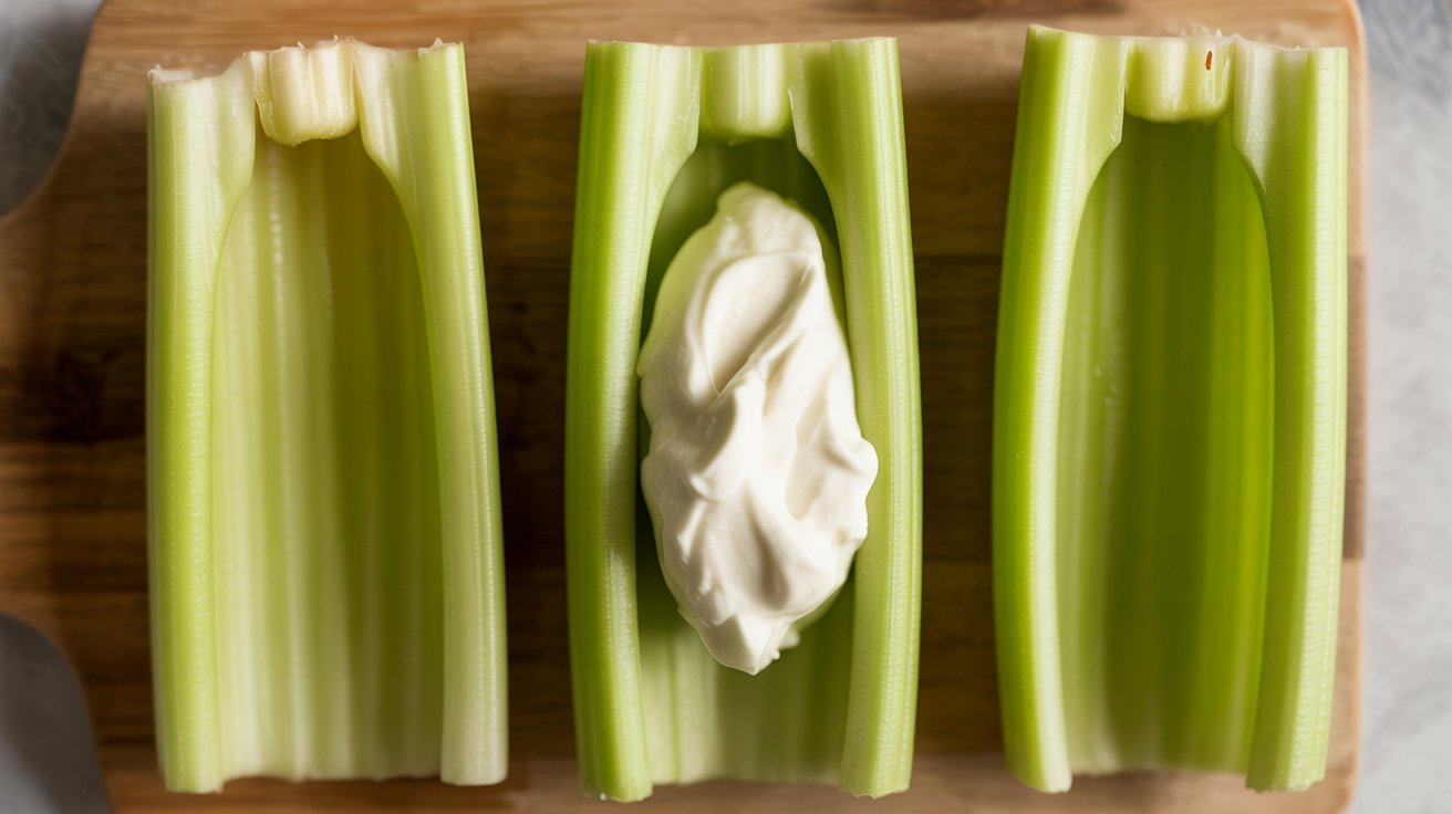 Three celery rib sections cut into boat shapes on a wooden board, one filled with cream cheese showing how the natural concave curve holds fillings for snacking.