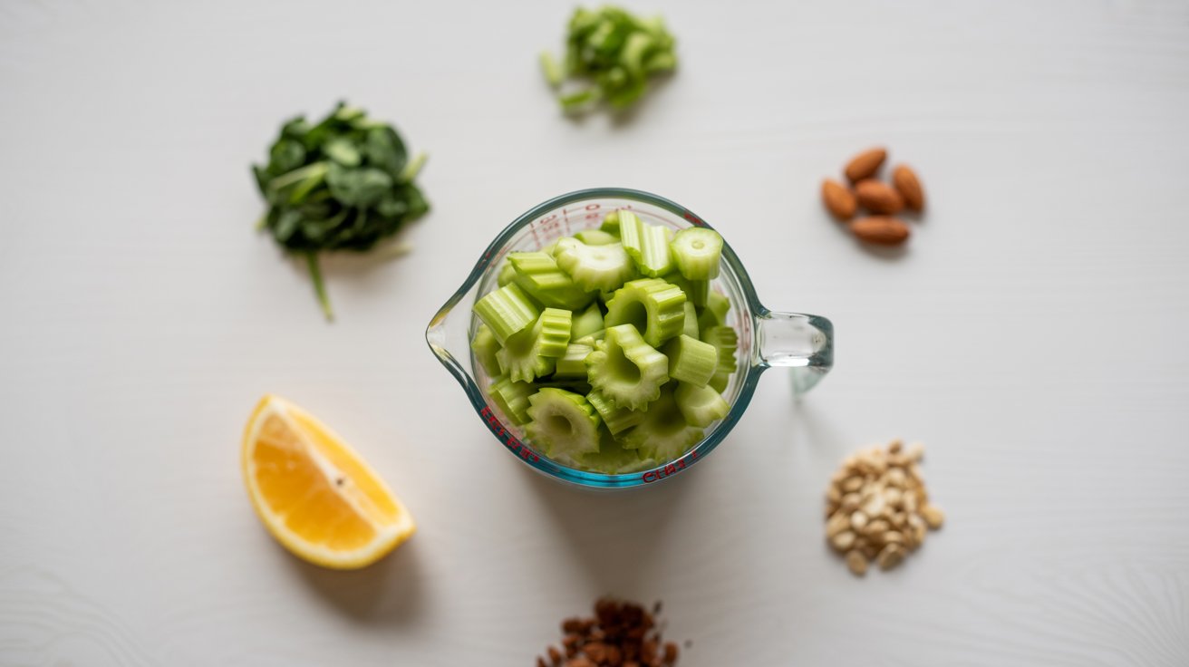 One cup of chopped celery in a measuring cup surrounded by foods representing its key nutrients including folate, Vitamin C, and Vitamin K on a white surface.
