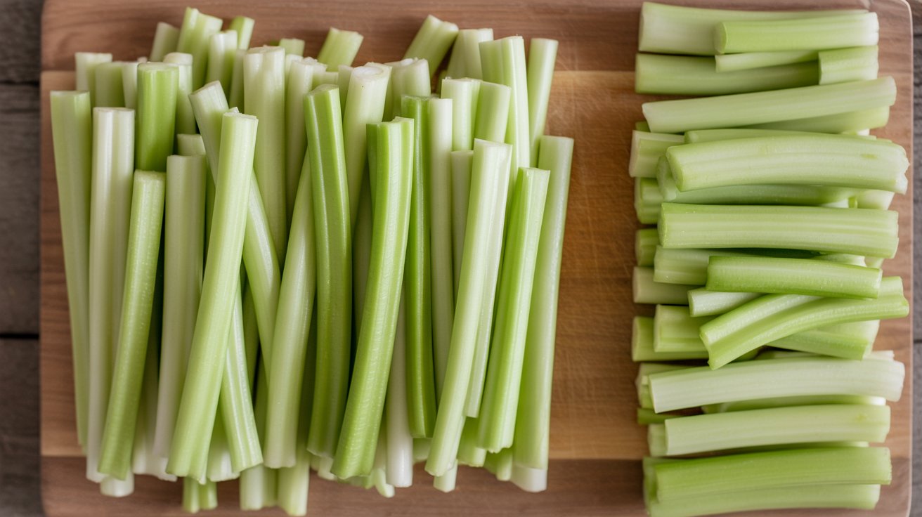 Chef's knife positioned at 45 degrees across a celery rib on a wooden board with finished bias cut ovals beside it, compared to a straight crosswise slice showing the shape difference.