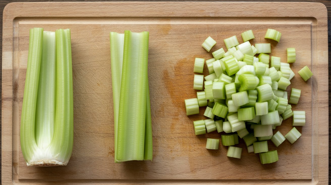 Three-stage sequence on a wooden cutting board showing how to large dice celery: whole rib, split into lengthwise strips, then cut into three-quarter-inch cubes.