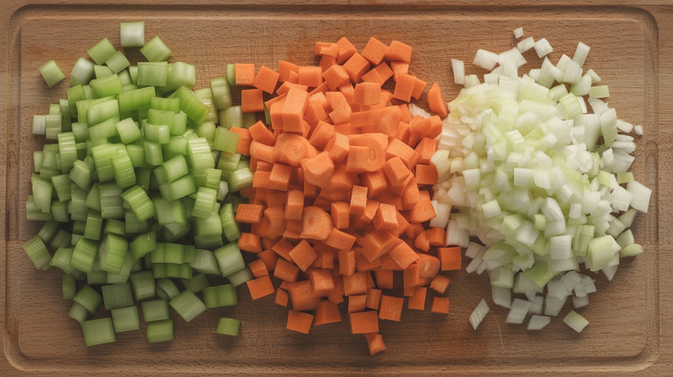 Equal piles of medium diced celery, carrot, and onion on a wooden board showing the classic mirepoix vegetable base with matched cube sizes.