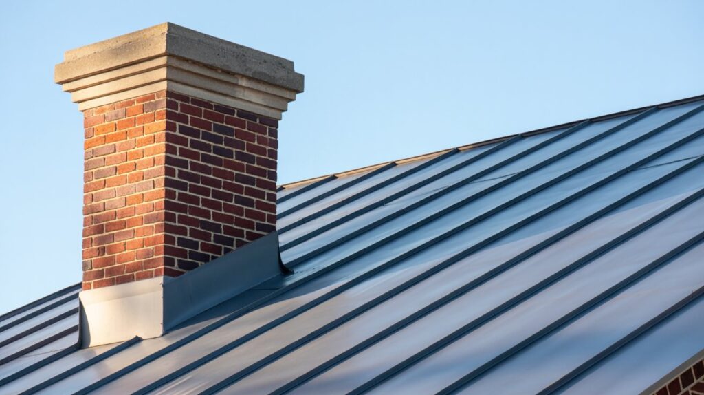 Brick chimney on a standing seam metal roof showing chimney flashing detail