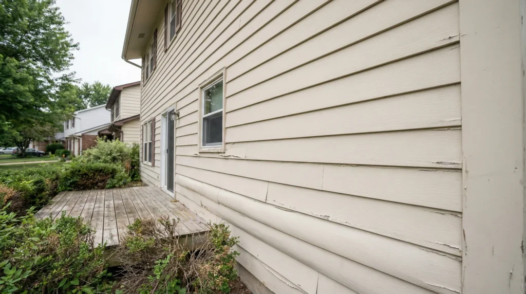 1980s home with hardboard siding showing swollen edges and peeling paint along lower board courses
