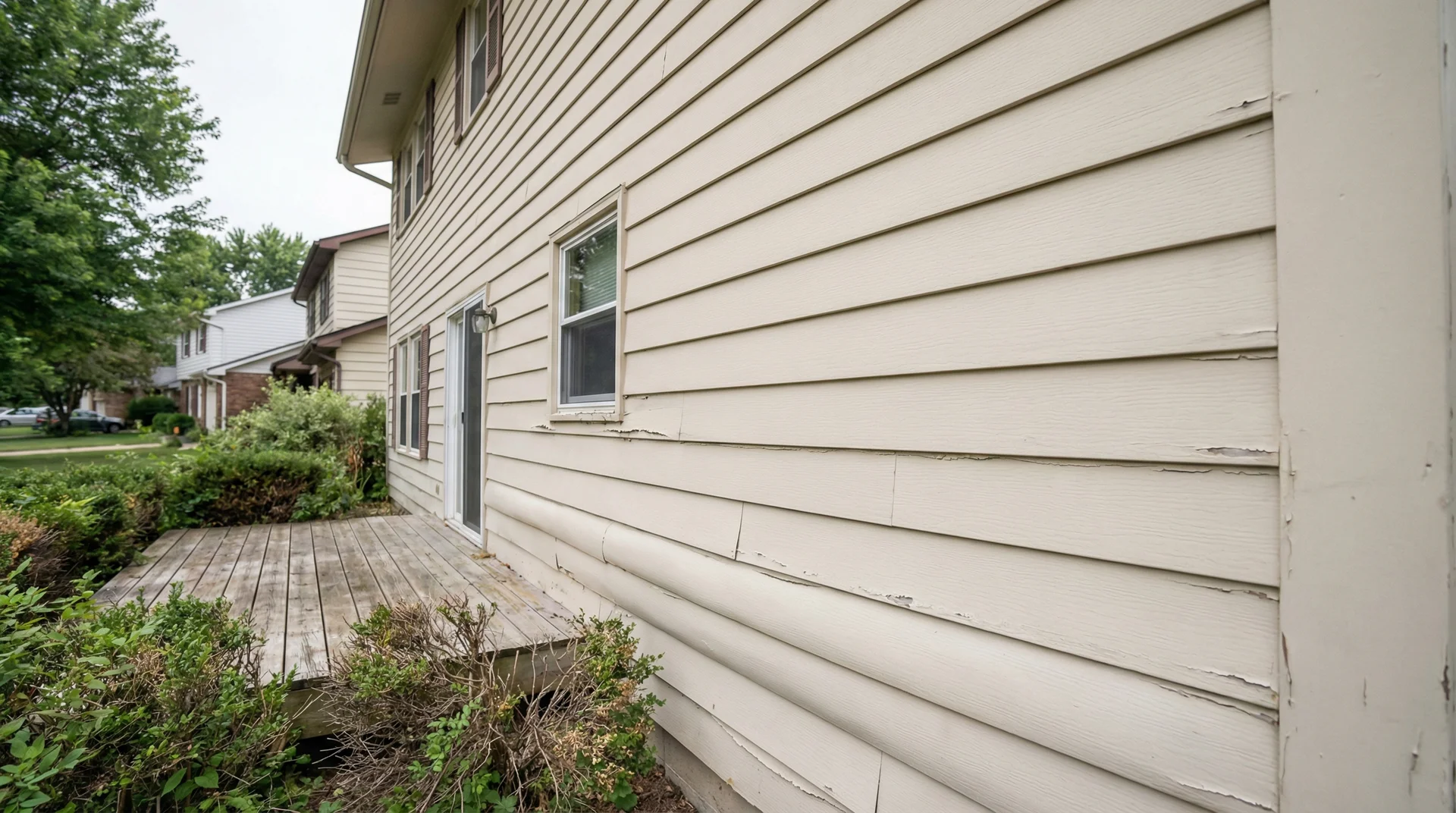 1980s home with hardboard siding showing swollen edges and peeling paint along lower board courses