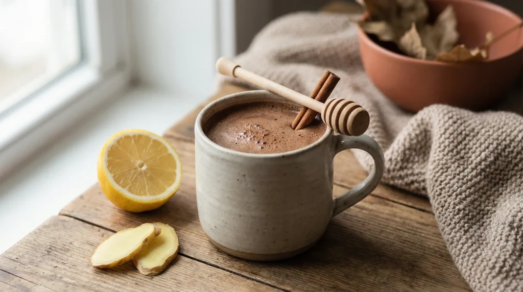 A mug of warm dark hot chocolate with honey dipper, cinnamon, and ginger on a wooden surface