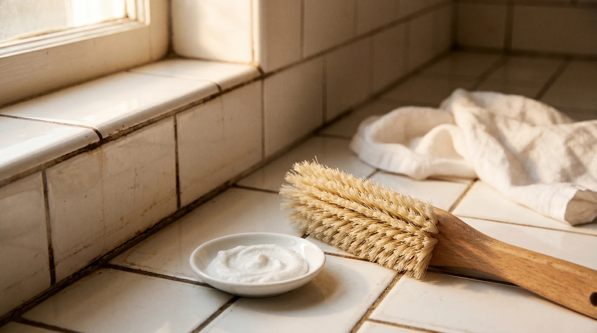 A stiff cleaning brush and paste beside blackened tile grout lines in a white ceramic bathroom.