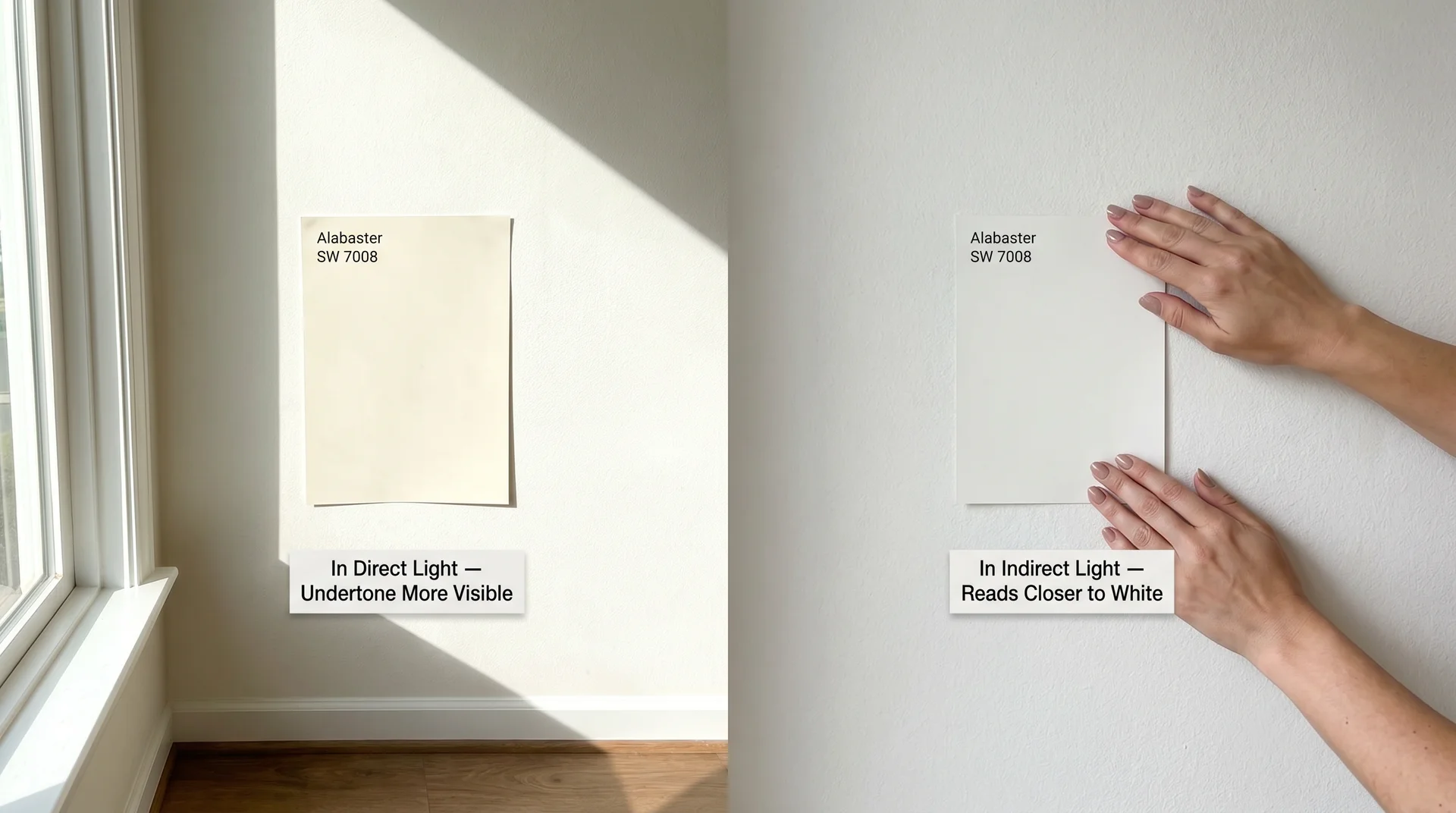 Alabaster peel-and-stick paint samples placed in direct and indirect light on a wall showing how the color shifts