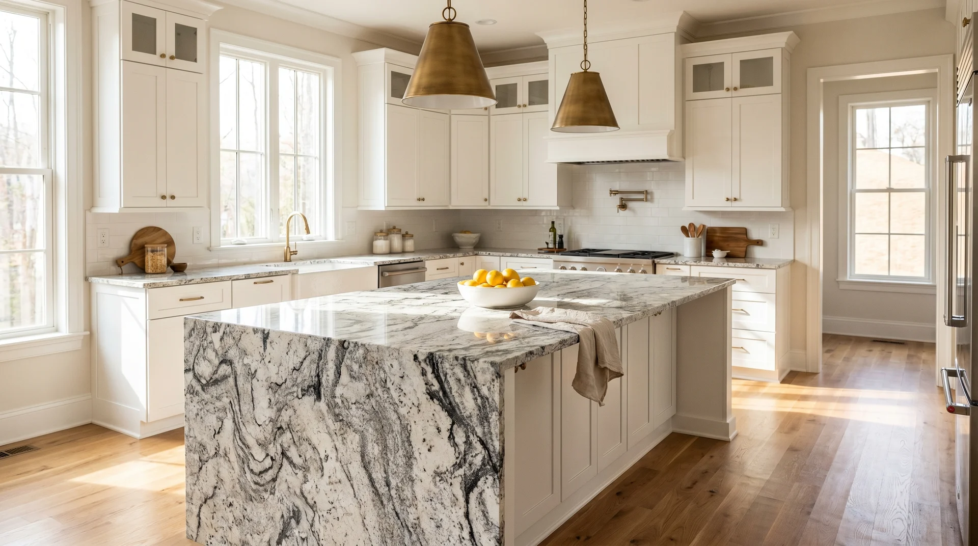 Alaska White granite kitchen island with white Shaker cabinets, brass pendants, and morning light in a styled residential kitchen
