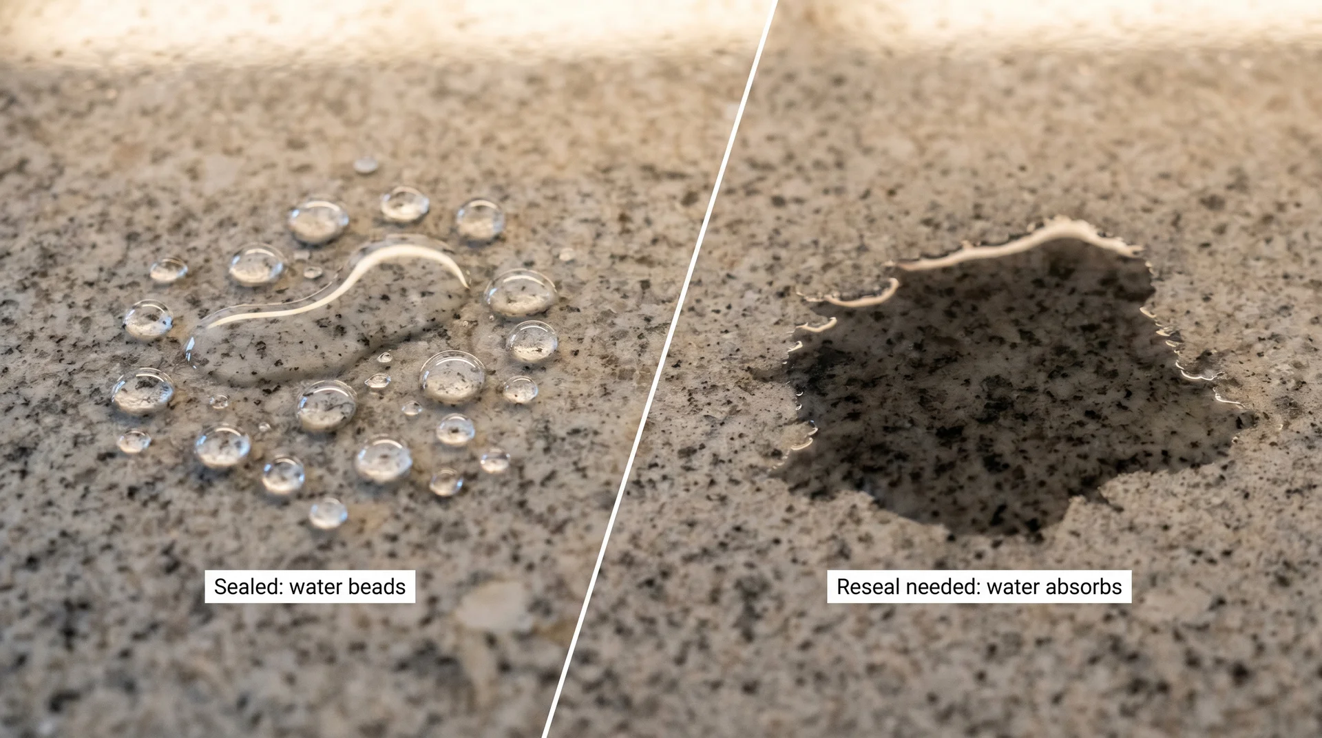 Alaska White granite split showing water beading on sealed left half and absorbing into unsealed right half