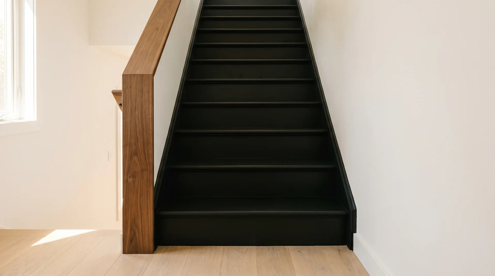 All-black staircase with treads and risers in deep matte black against white walls and a warm natural wood handrail